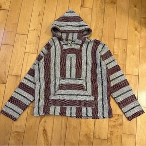 Mens BAJA JOE Red Gray Mexican Hoodie Rug Pullover Hippie Pullover Size Medium